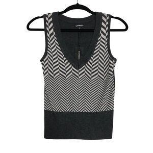 Express Y2K Preppy Gray Herringbone V-Neck Ribbed Sweater Vest Womens Size XS